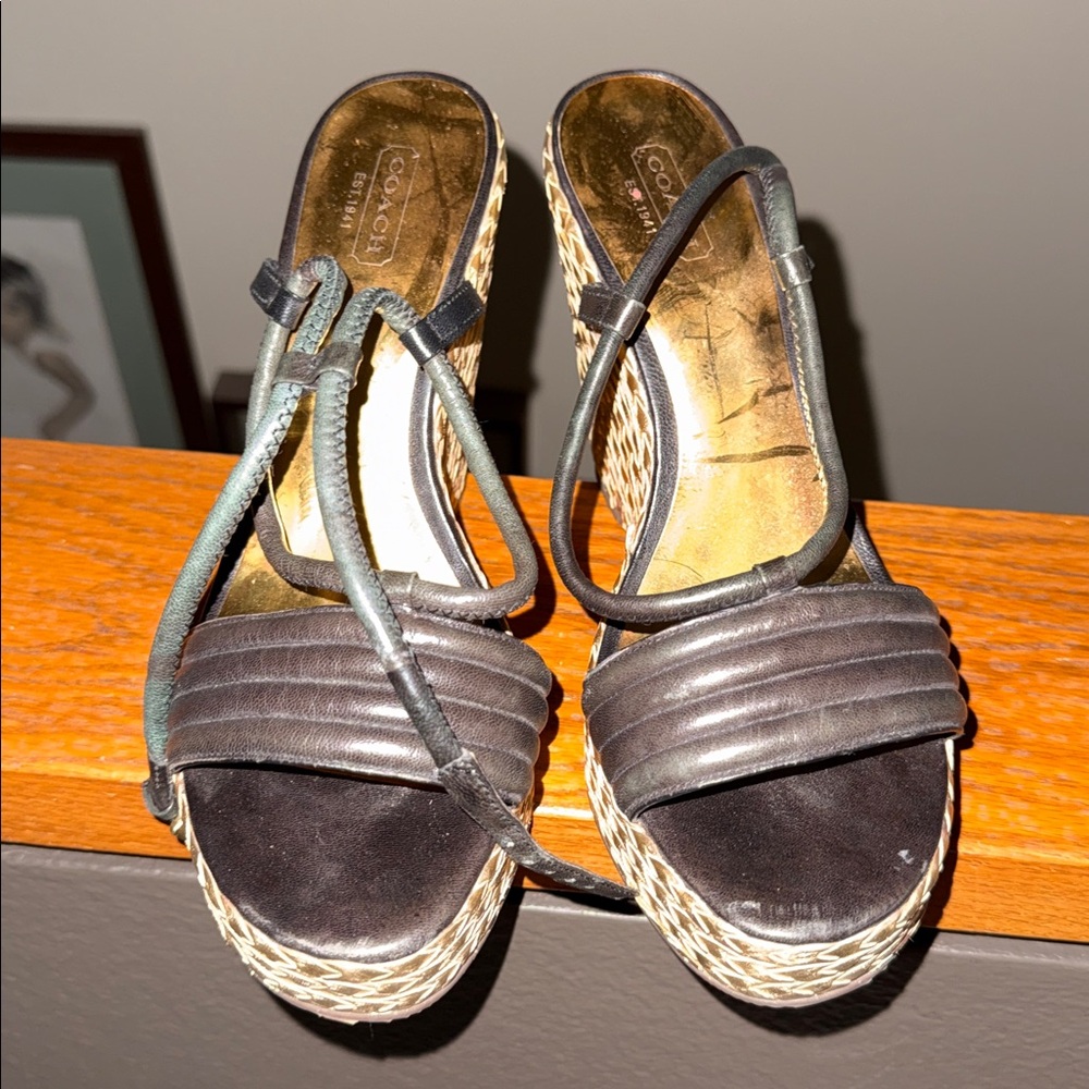 Coach Black Leather Wedge Sandals with Braided Espadrille - Picture 7 of 16